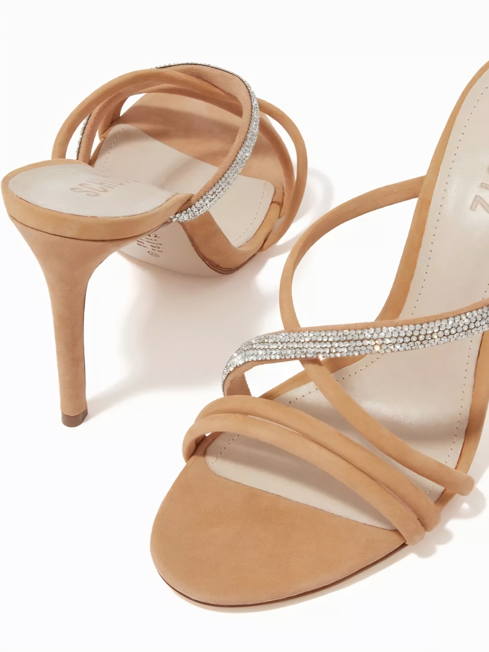 NWT! SCHUTZ Honey/Tan Suede Strappy Rhinestone Stiletto Sandals Size 10